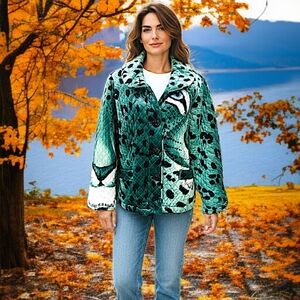 Vtg Quilted Leopard Face Print Jacket M  Maximalist Artsy Velvet Amber Dawn Teal